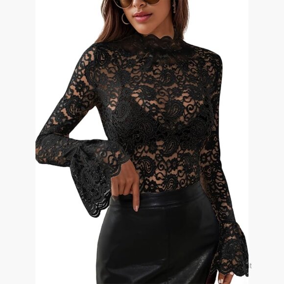 Tops - Long Sleeve Lace Mesh Top High Neck Sheer Blouse Floral Going Out